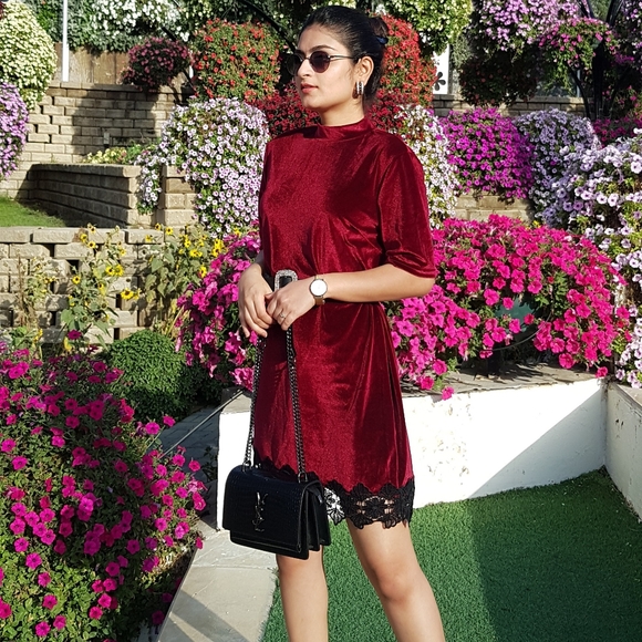 SHEIN Dresses & Skirts - Velvet Dress with Lace Detailing in Wine Red